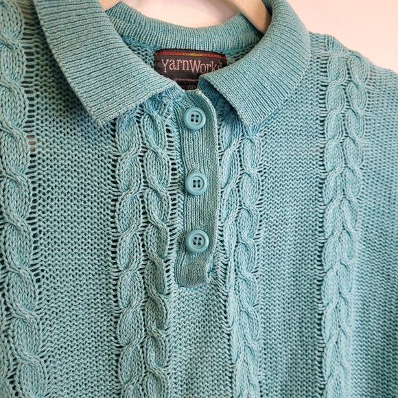 Vtg Yarnworks Teal Fold‑Over Collar Short‑Sleeve Linen/Cotton Sweater S Retro - Picture 3 of 8